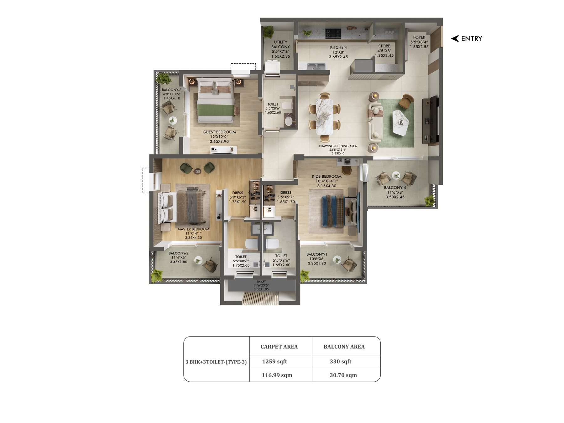 Ashiana Aaroham 3 BHK + 3T - carpet floor plan