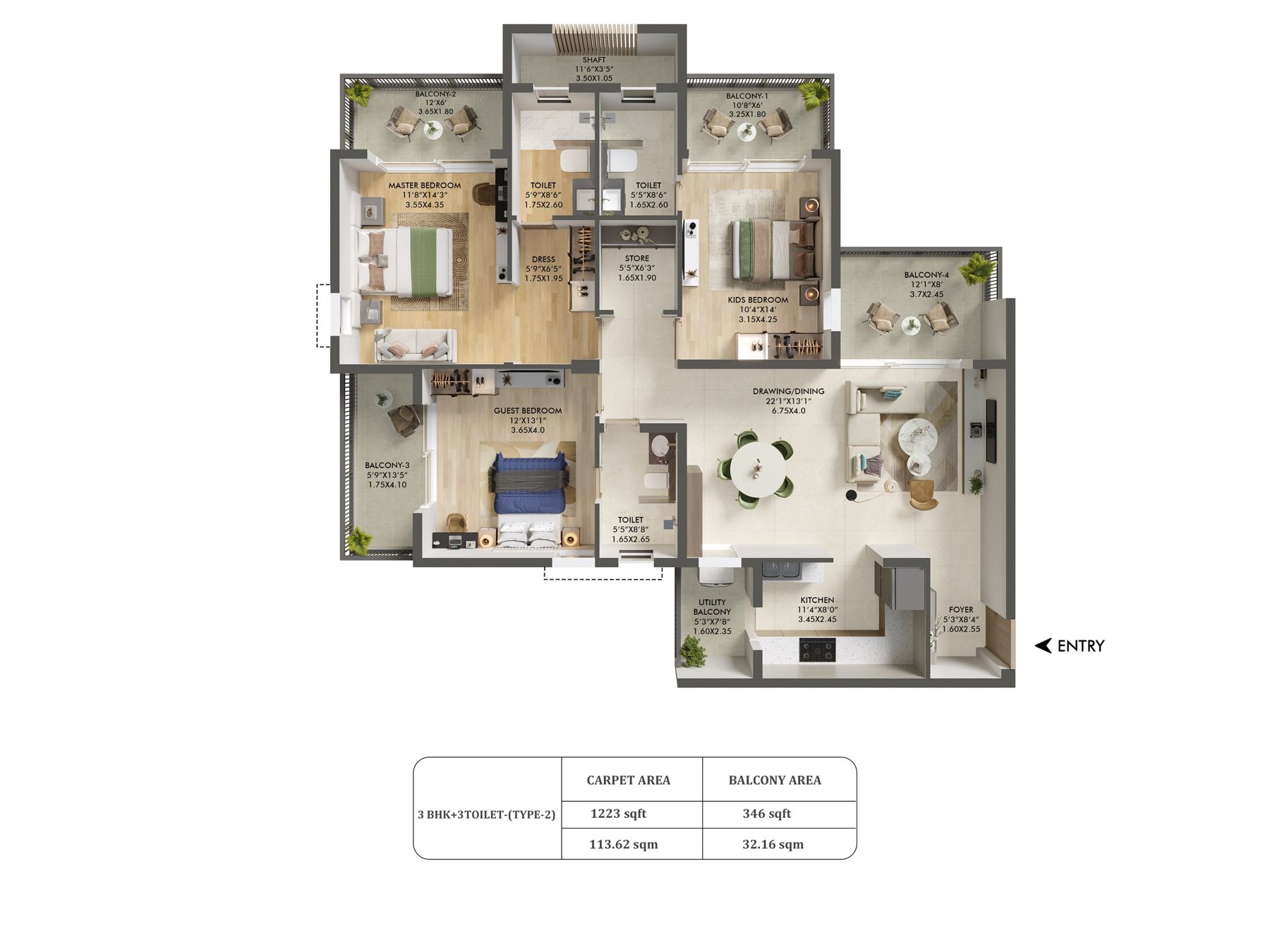 Ashiana Aaroham 3 BHK + 3T - carpet floor plan