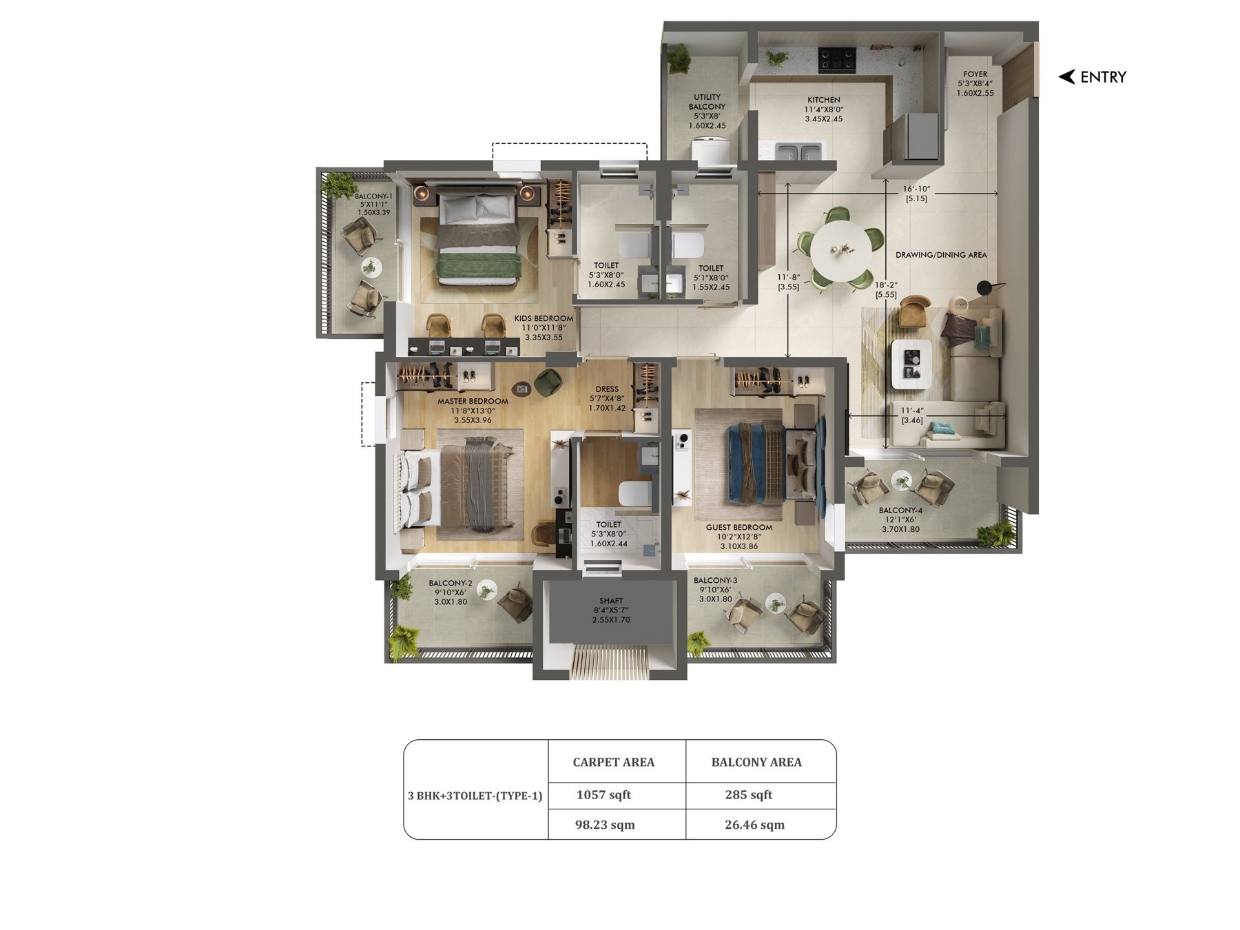Ashiana Aaroham 3 BHK + 3T - carpet floor plan