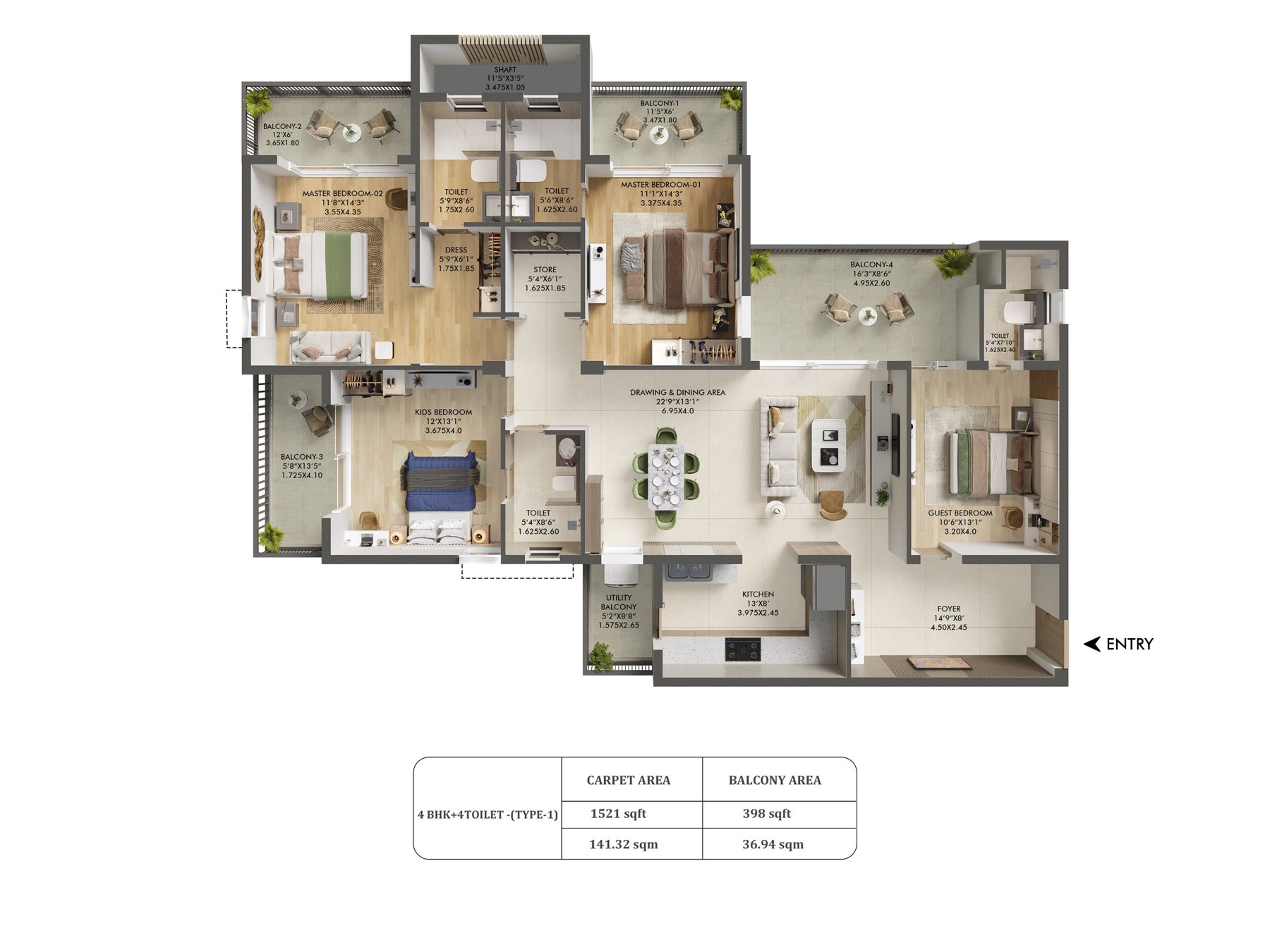 Ashiana Aaroham 4 BHK + 4T - carpet floor plan