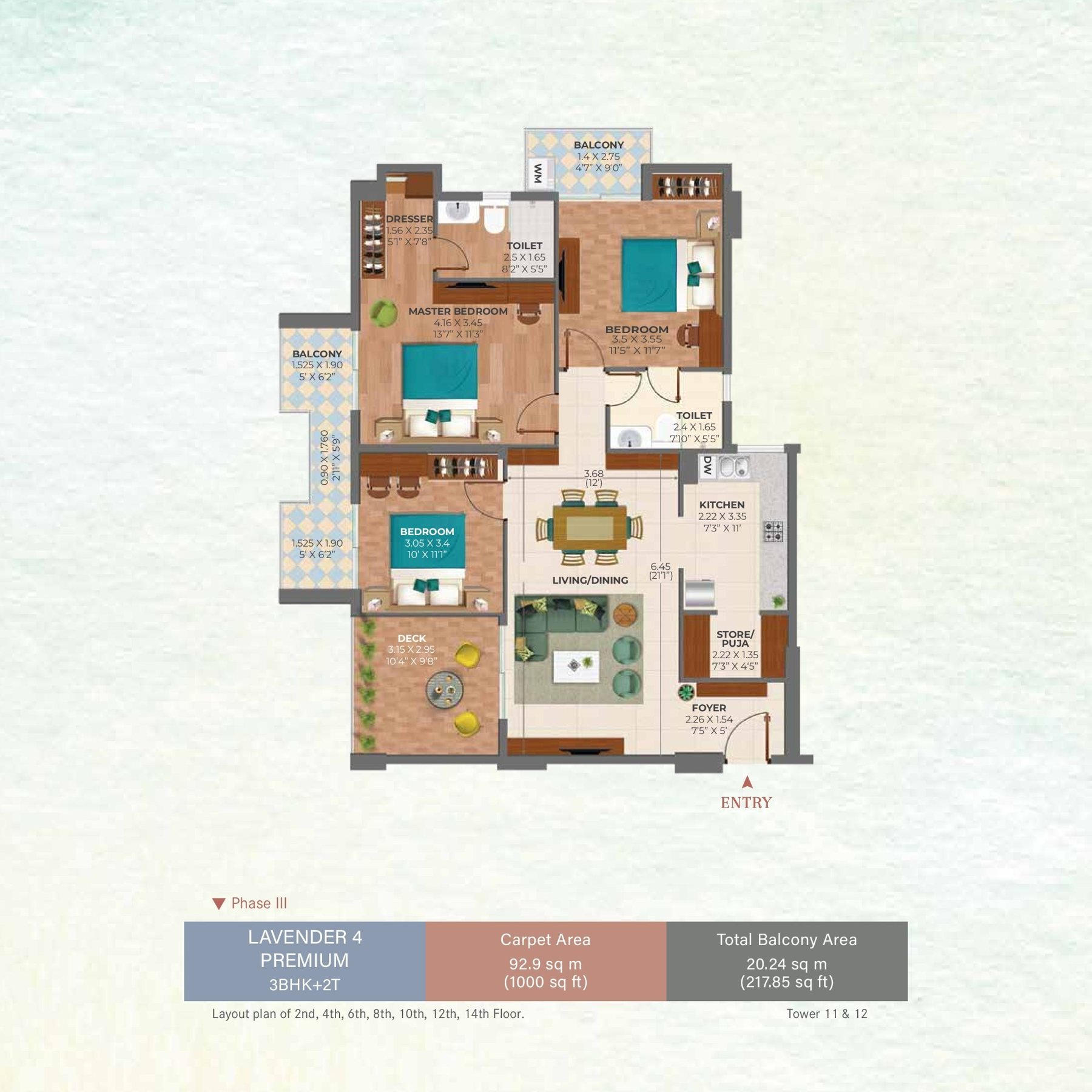Ashiana Amarah 3 BHK + 2T (Lavender 4 Premium) - carpet floor plan