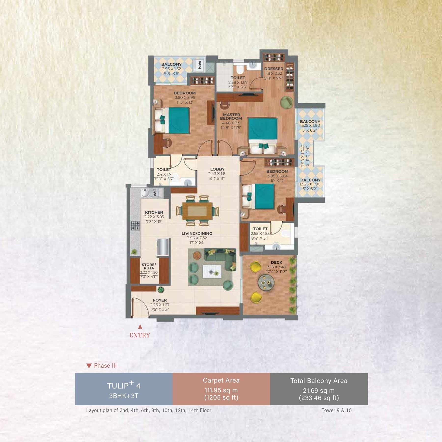 Ashiana Amarah 3 BHK + 3T (Tulip+ 4) - carpet floor plan