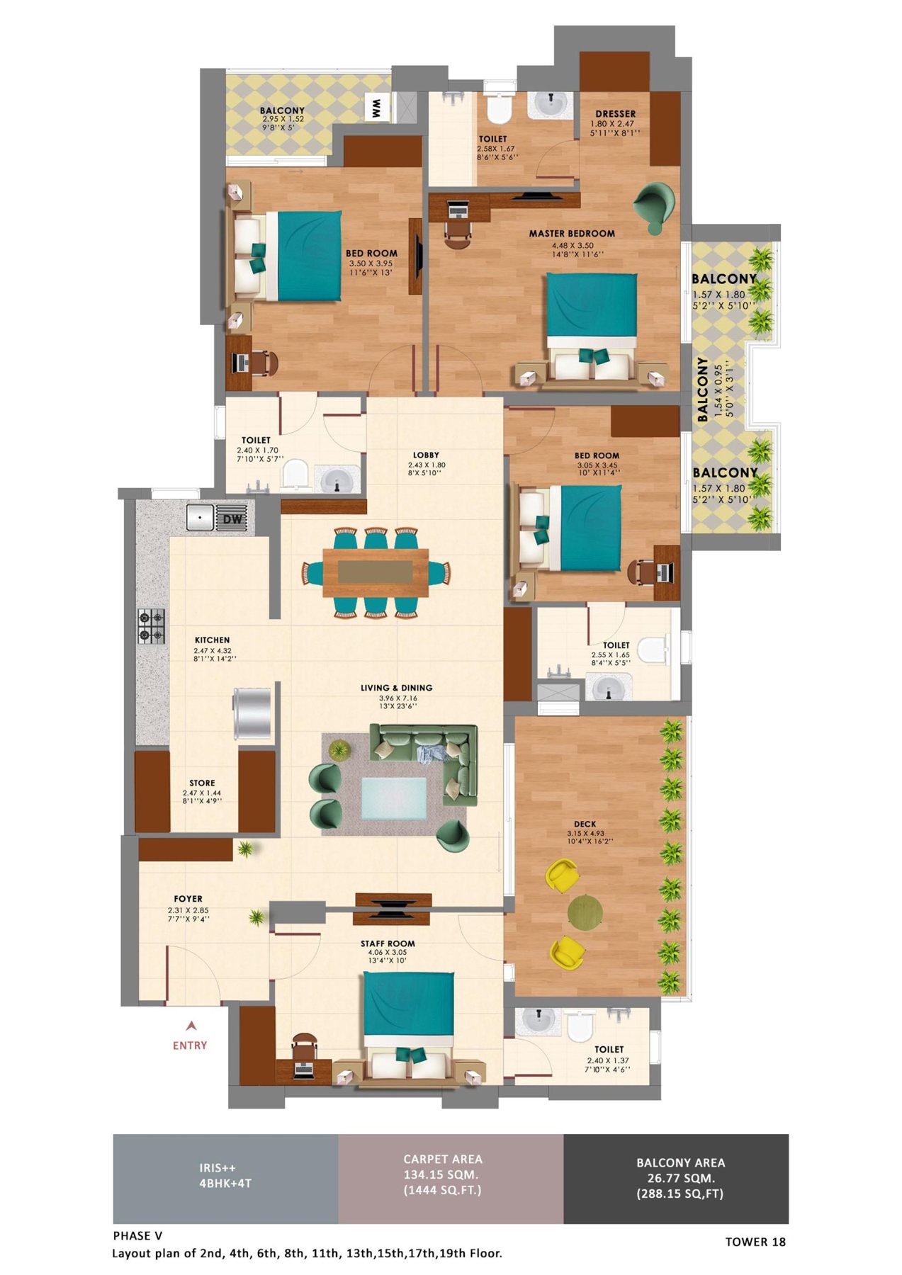 Ashiana Amarah 4 BHK + 4T (Iris++, Tower 18) - carpet floor plan