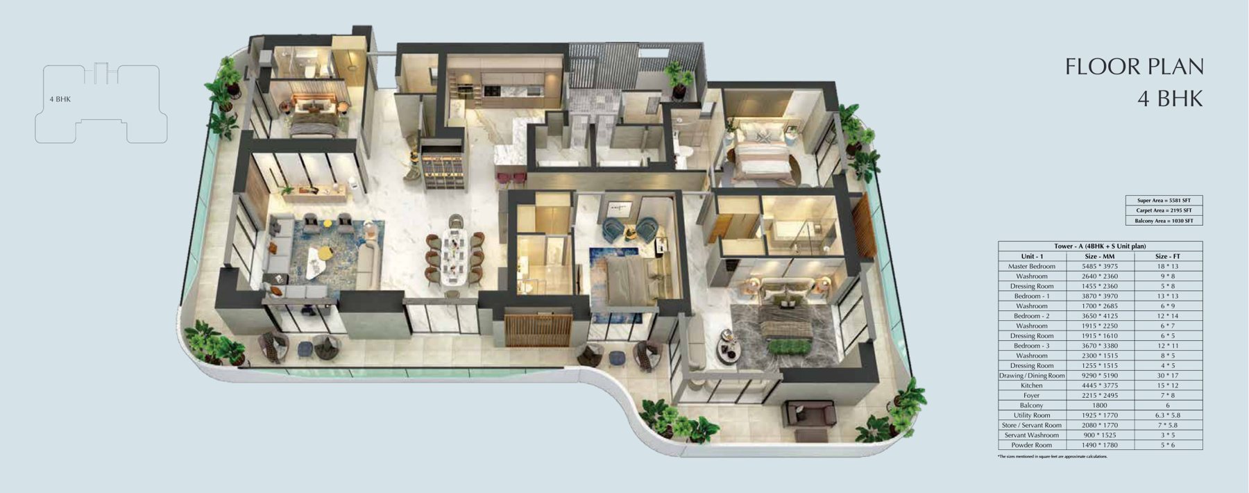 Central Park Bignonia Towers 4 BHK + S (Tower A) - super / 2,195 sq.ft carpet floor plan