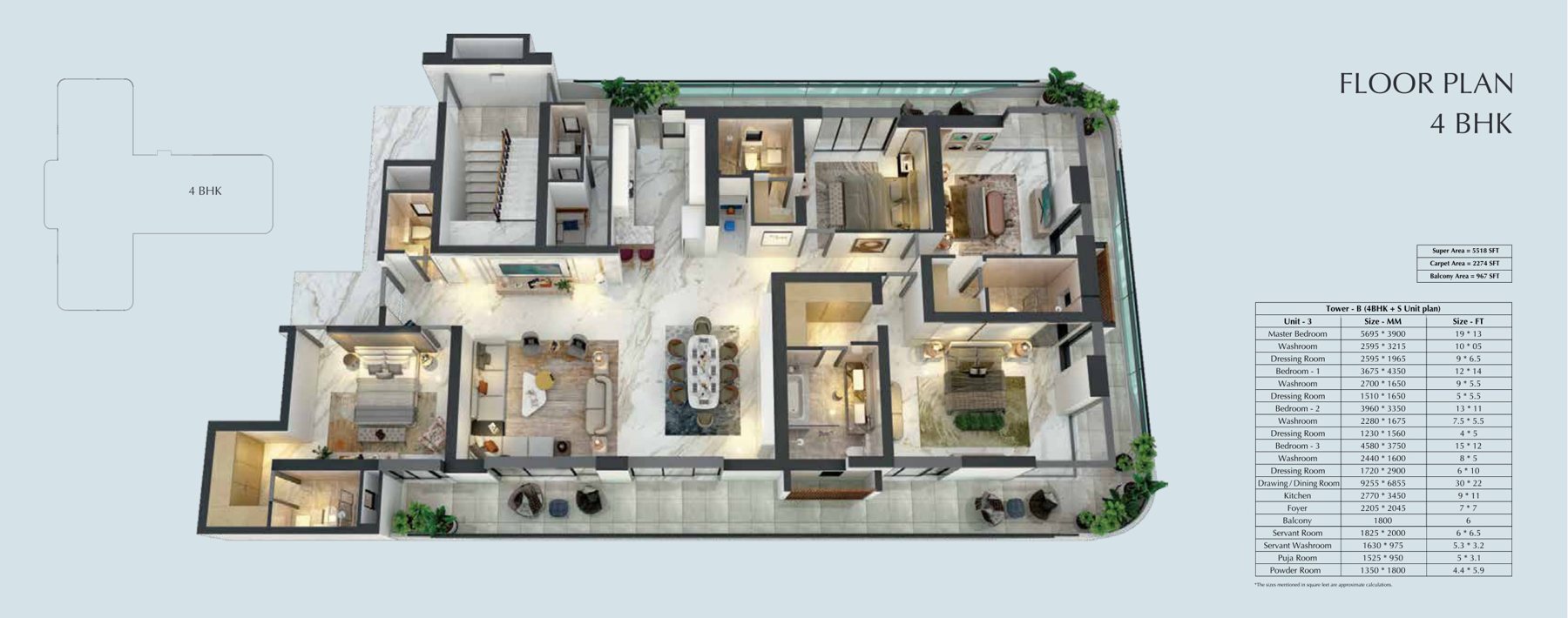 Central Park Bignonia Towers 4 BHK + S (Tower B) - super / 2,274 sq.ft carpet floor plan