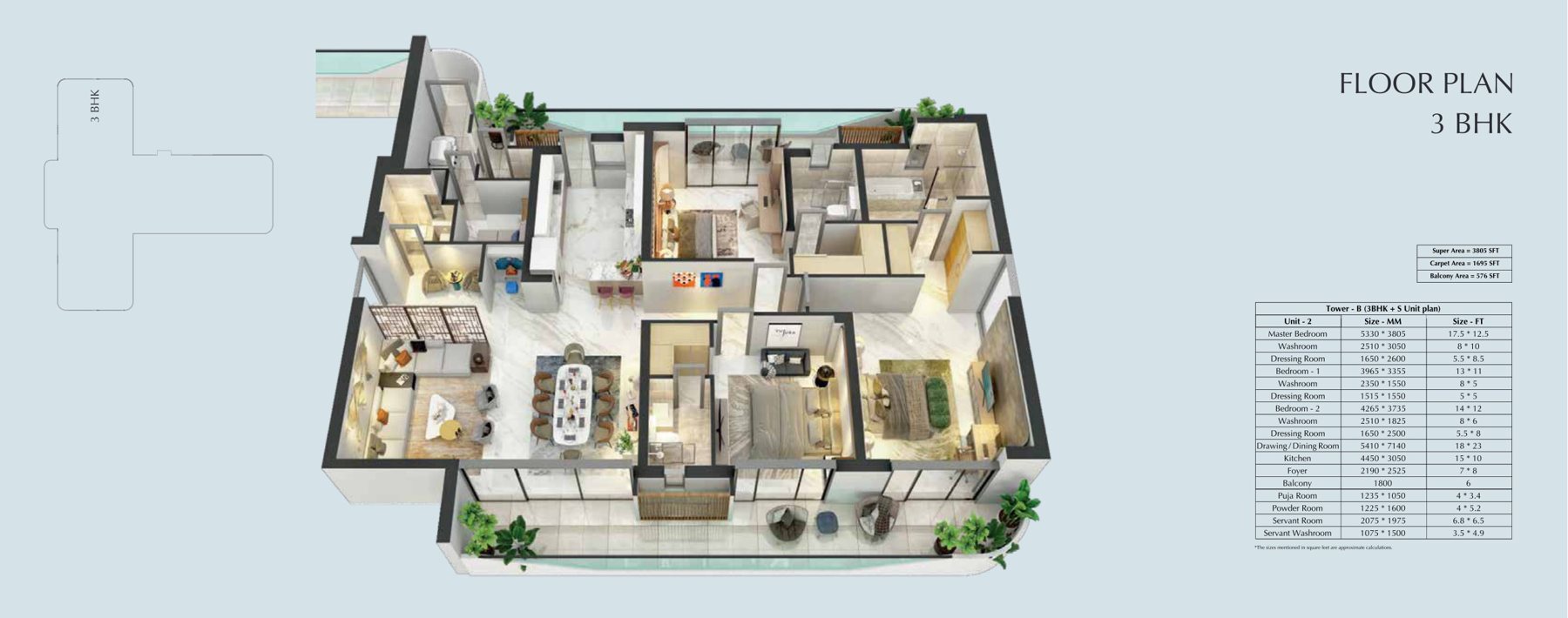 Central Park Bignonia Towers 3 BHK + S (Tower B) - super / 1,695 sq.ft carpet floor plan