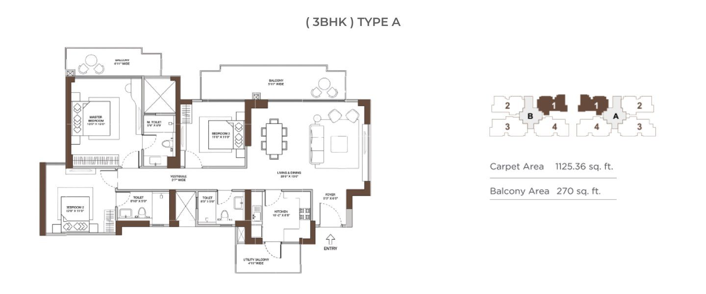 Conscient Elaira Residences 3 BHK Type A - carpet floor plan