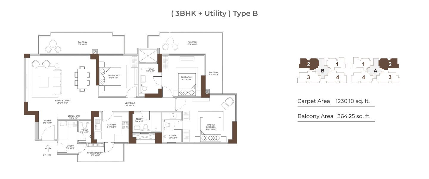 Conscient Elaira Residences 3 BHK + Utility Type B - carpet floor plan