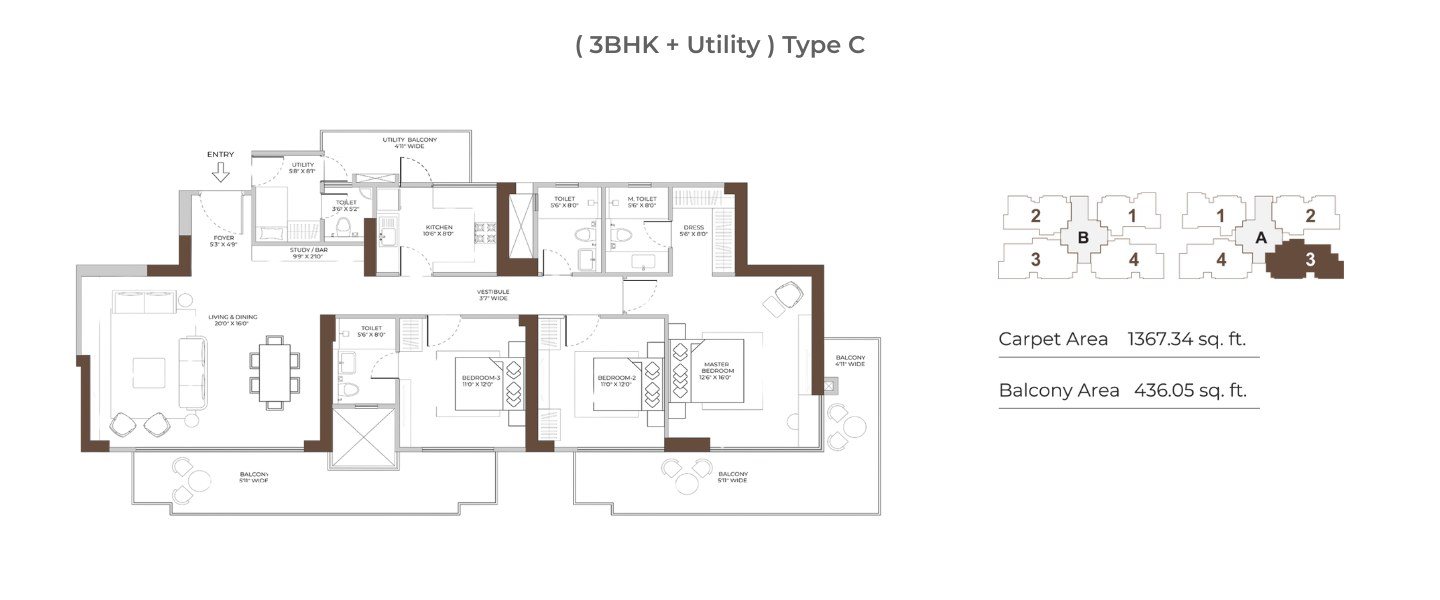 Conscient Elaira Residences 3 BHK + Utility Type C - carpet floor plan