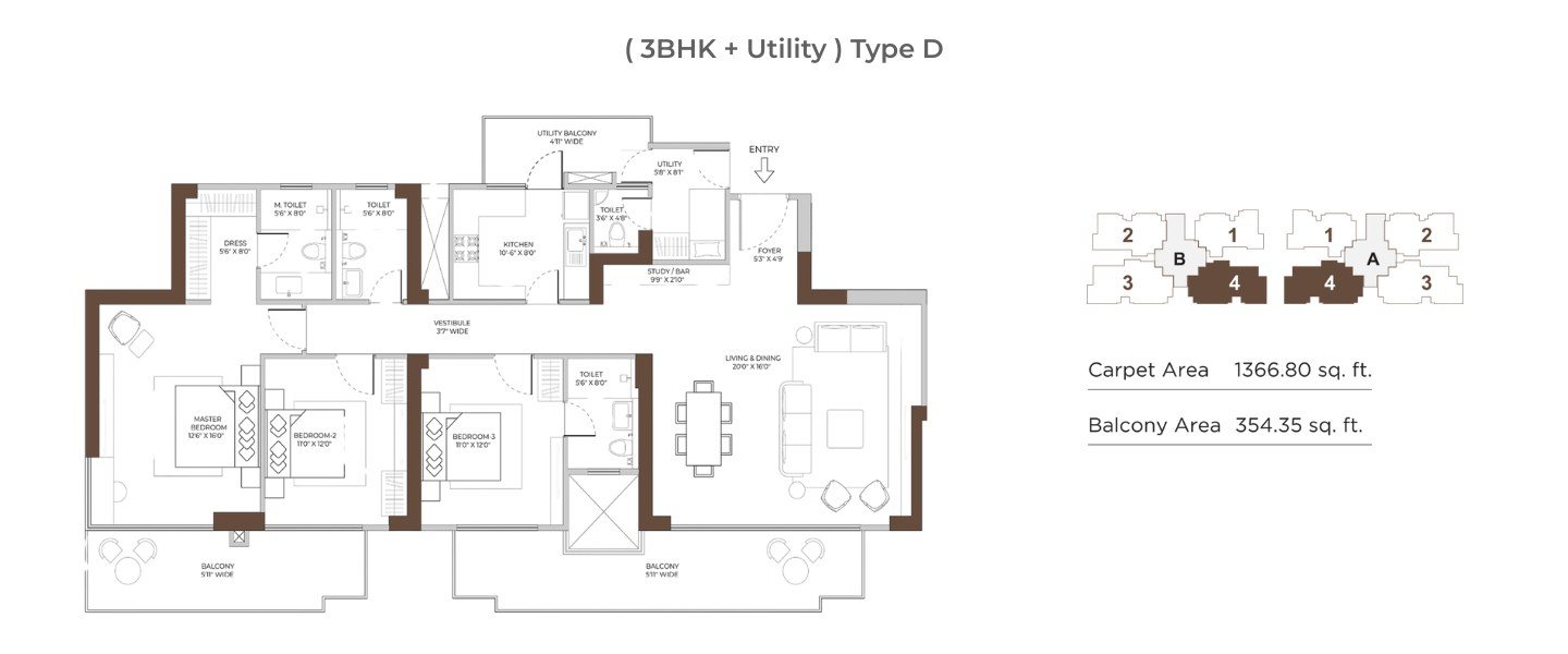 Conscient Elaira Residences 3 BHK + Utility Type D - carpet floor plan