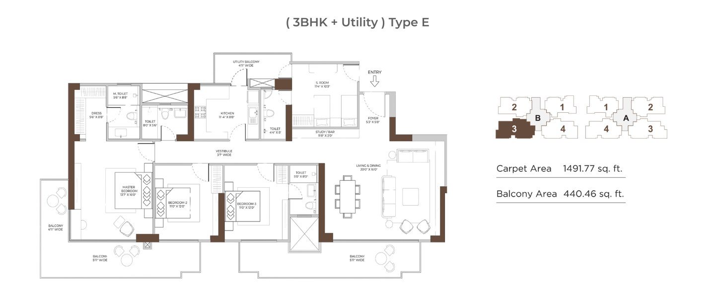 Conscient Elaira Residences 3 BHK + Utility Type E - carpet floor plan