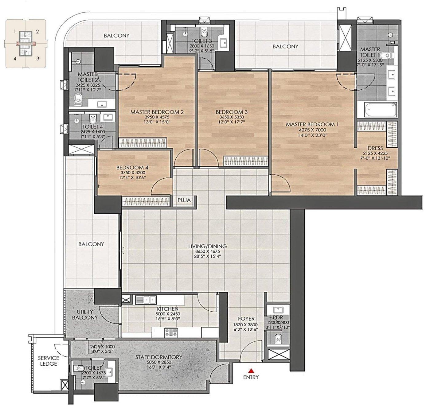 DLF Aureva 4 BHK + Staff floor plan