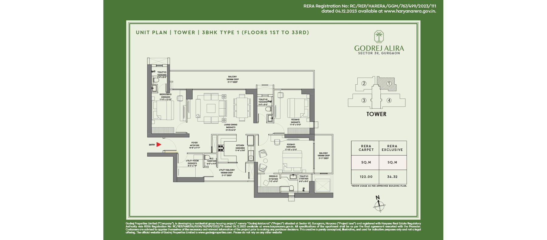 Godrej Alira 3 BHK Type 1 (Floors 1st–33rd) - 122.00 sq.m RERA carpet floor plan