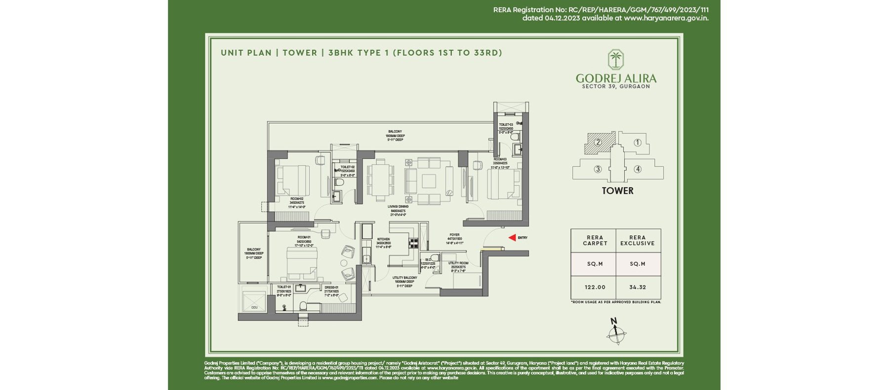 Godrej Alira 3 BHK Type 1, alternate unit (Floors 1st–33rd) - 122.00 sq.m RERA carpet floor plan