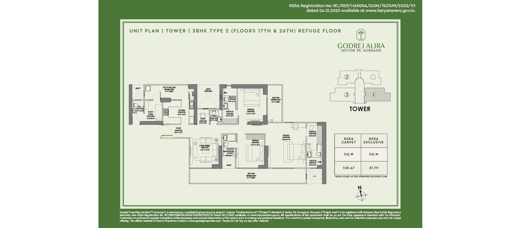 Godrej Alira 3 BHK Type 2 (Floors 17th & 26th, refuge floor) - 128.47 sq.m RERA carpet floor plan