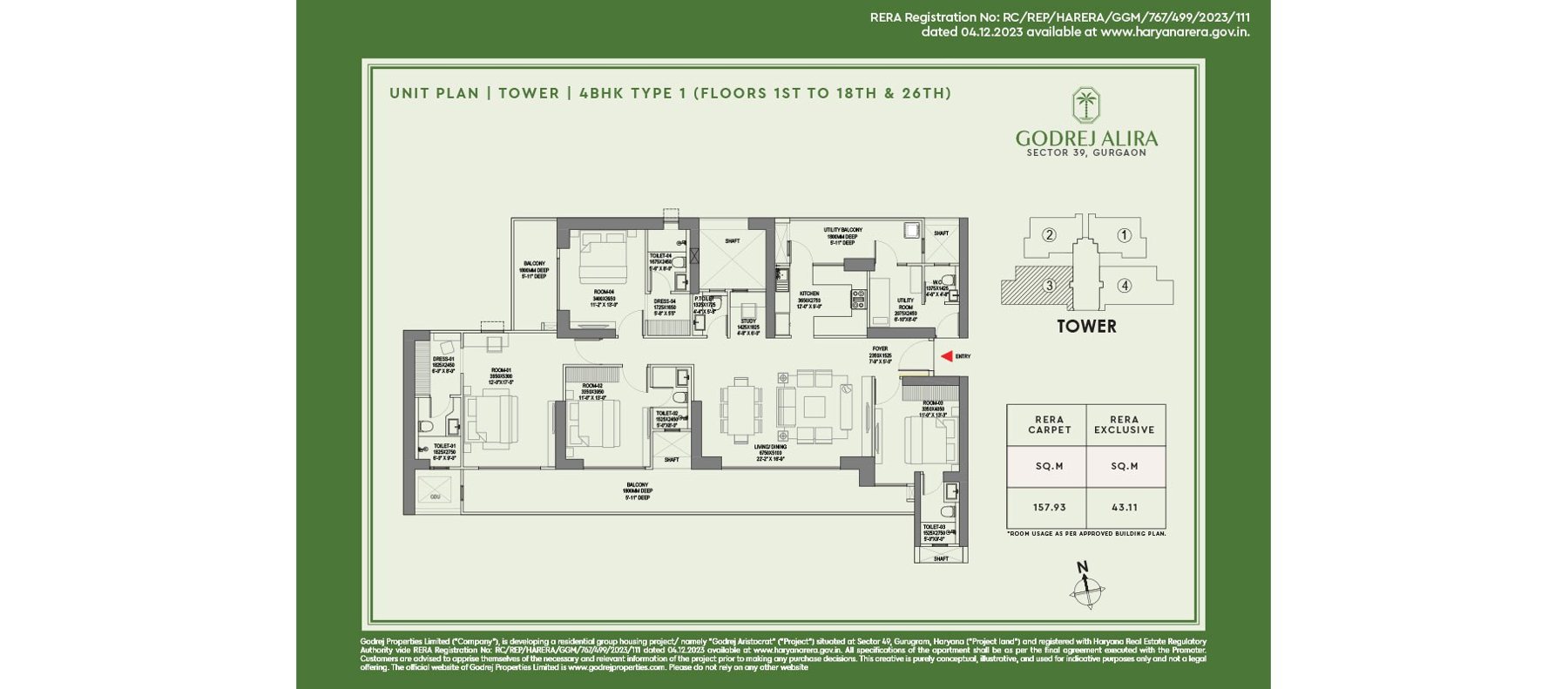Godrej Alira 4 BHK Type 1 (Floors 1st–18th & 26th) - 157.93 sq.m RERA carpet floor plan