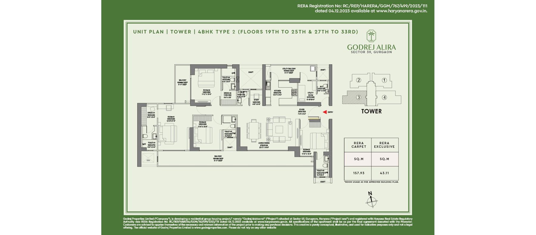 Godrej Alira 4 BHK Type 2 (Floors 19th–25th & 27th–33rd) - 157.93 sq.m RERA carpet floor plan