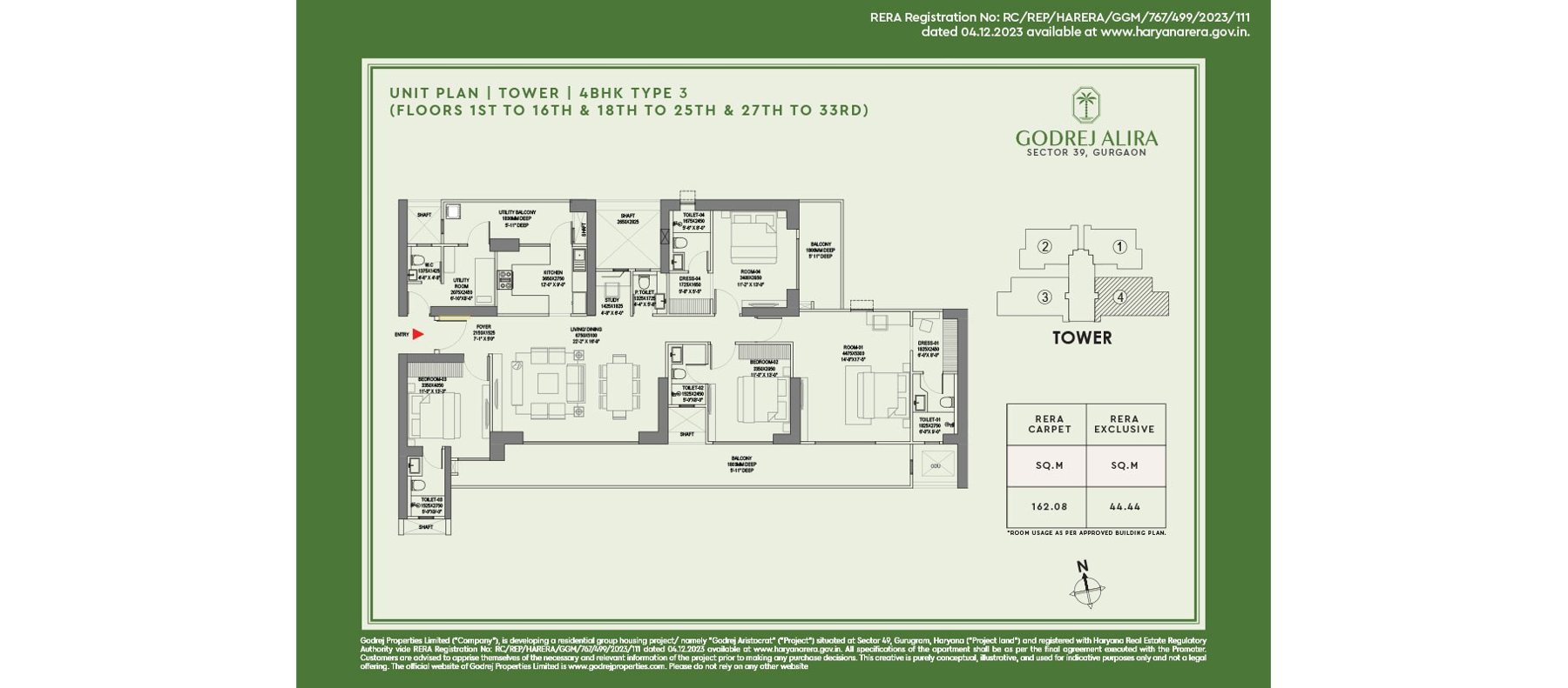 Godrej Alira 4 BHK Type 3 - 162.08 sq.m RERA carpet floor plan