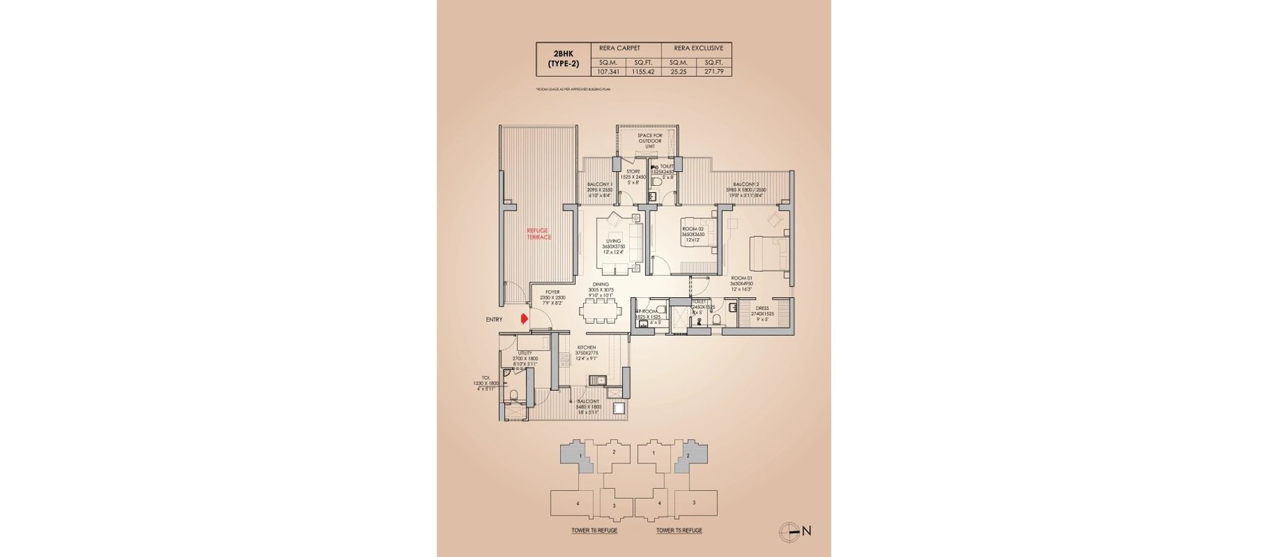 Godrej Aristocrat 2 BHK + Utility Type 2 (listed as 2.5 BHK) - RERA carpet floor plan