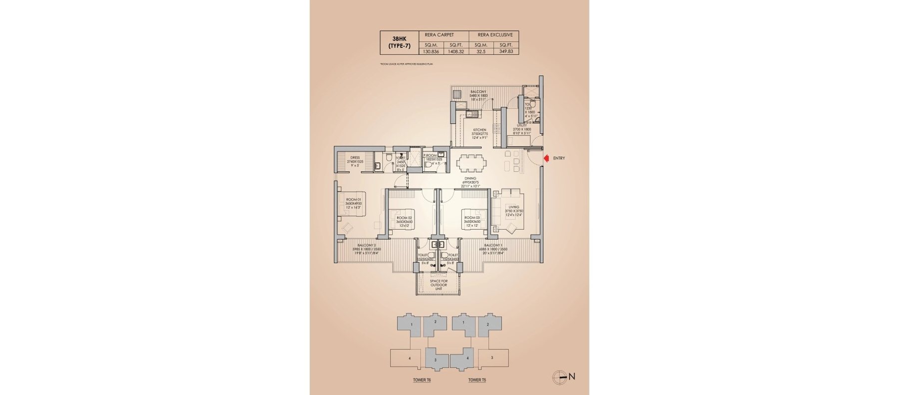 Godrej Aristocrat 3 BHK + Utility Type 7 (listed as 3.5 BHK) - RERA carpet floor plan