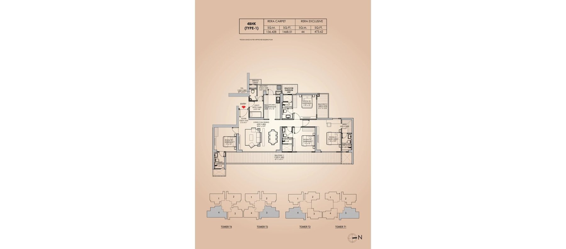 Godrej Aristocrat 4 BHK + Utility Type 1 - RERA carpet floor plan