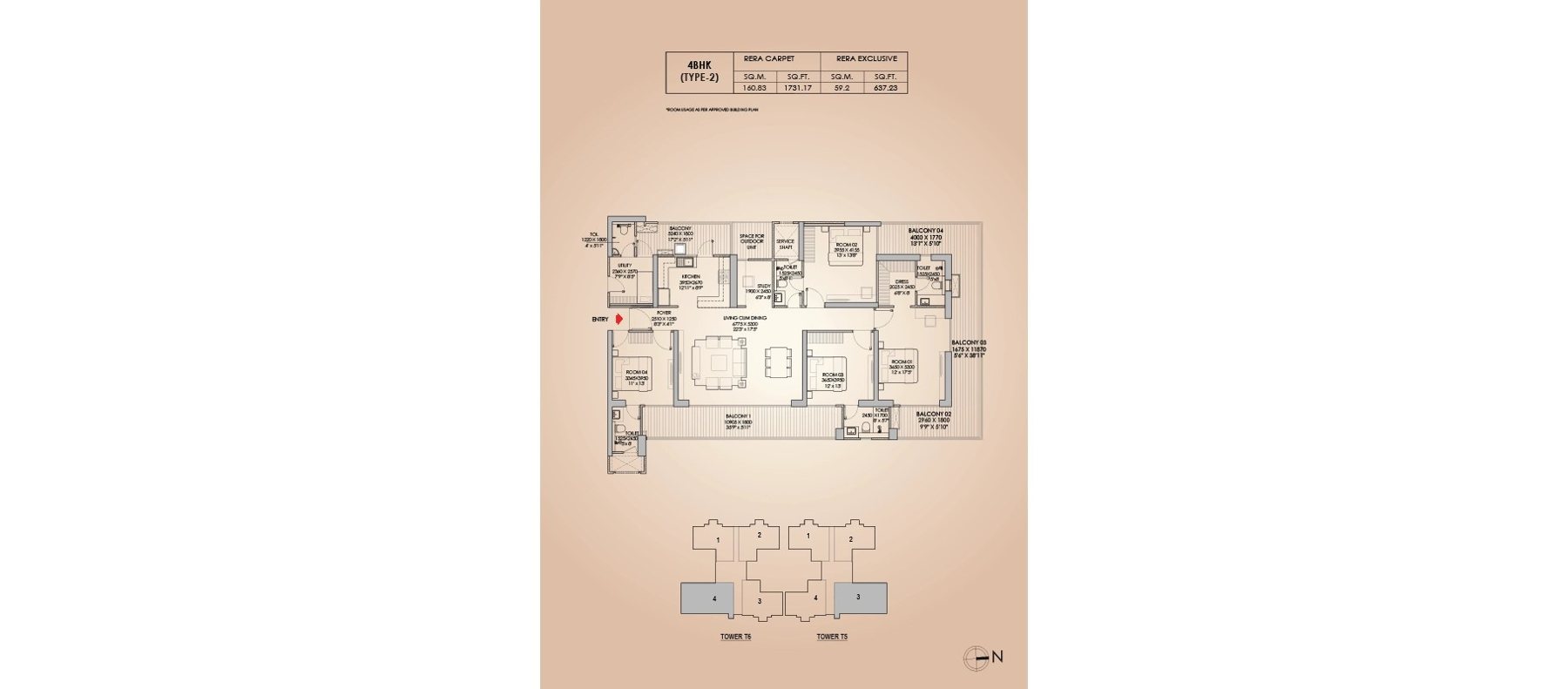 Godrej Aristocrat 4 BHK Type 2 - RERA carpet floor plan