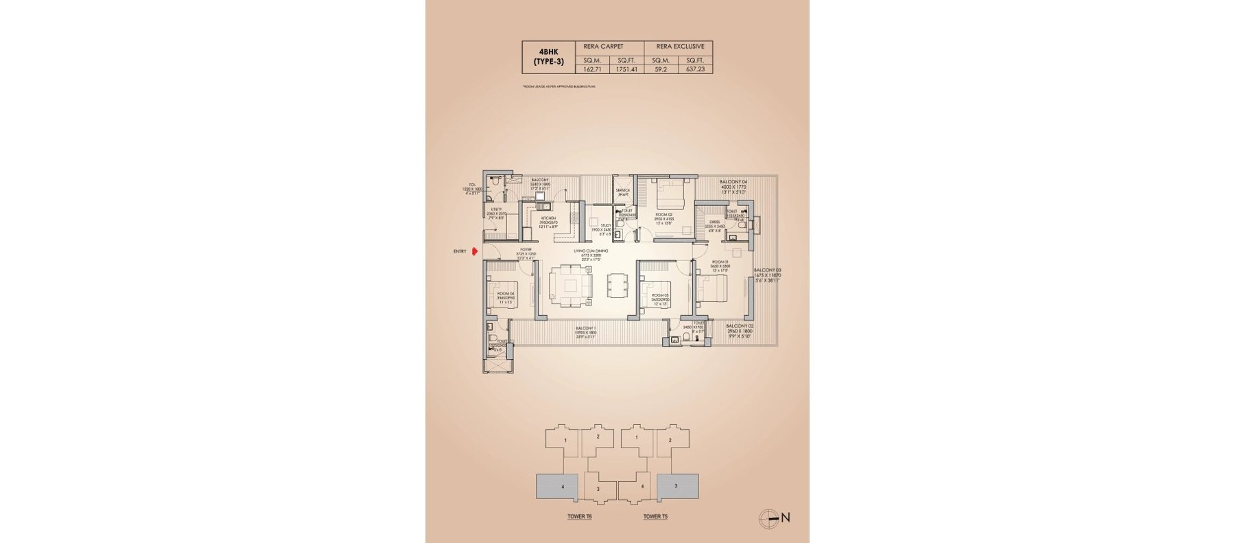 Godrej Aristocrat 4 BHK Type 3 - RERA carpet floor plan