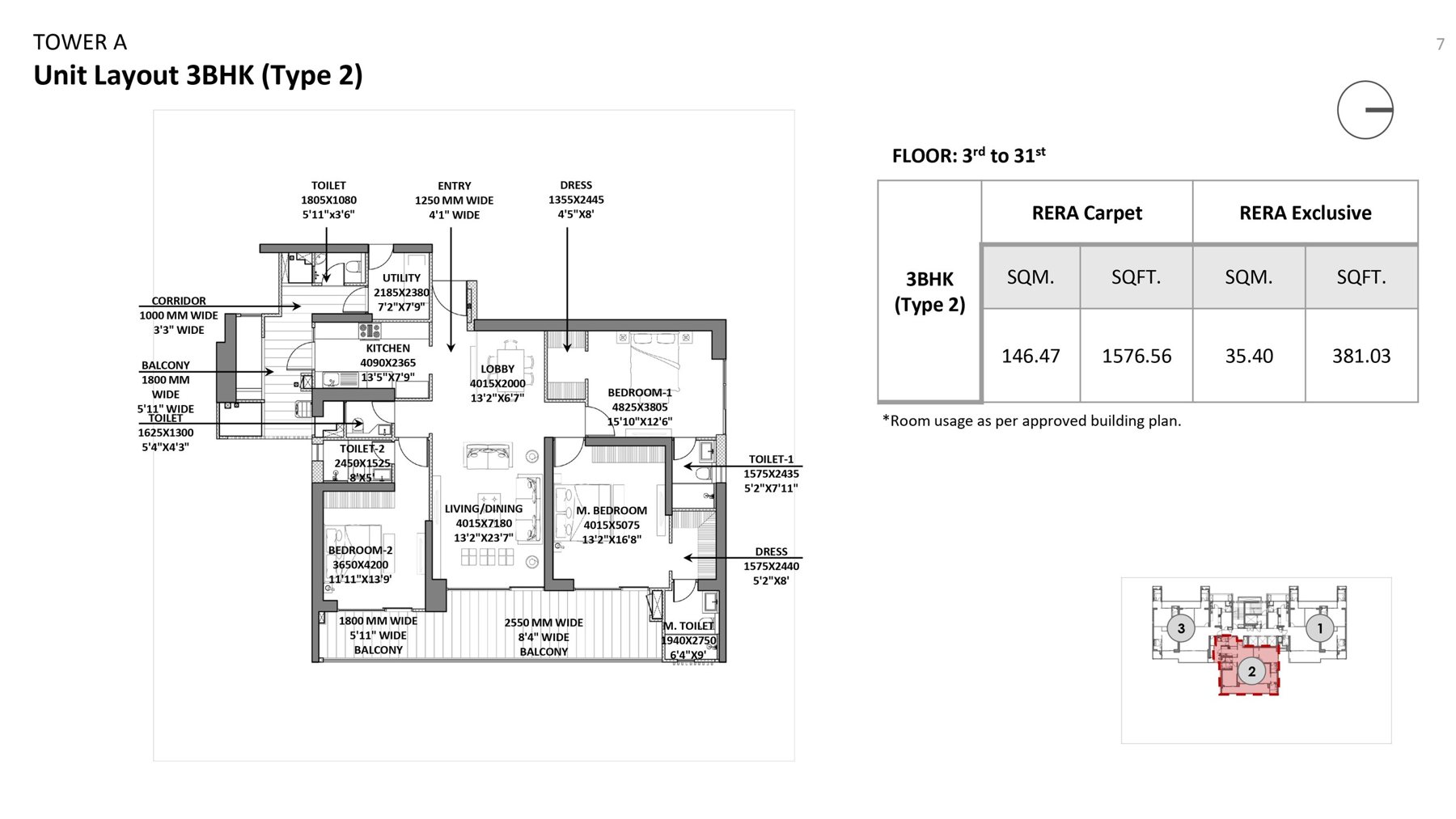 Godrej Miraya 3 BHK Type 2 (Tower A) - RERA carpet floor plan