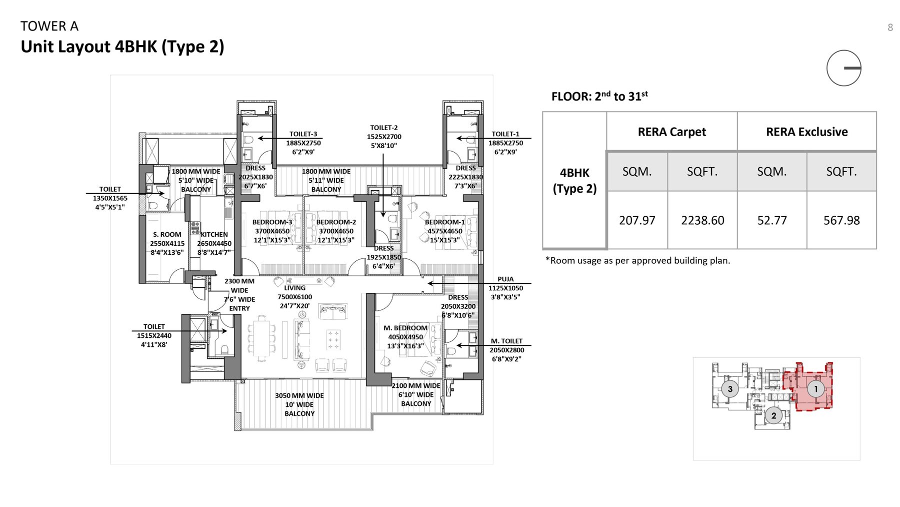 Godrej Miraya 4 BHK Type 2 (Tower A) - RERA carpet floor plan