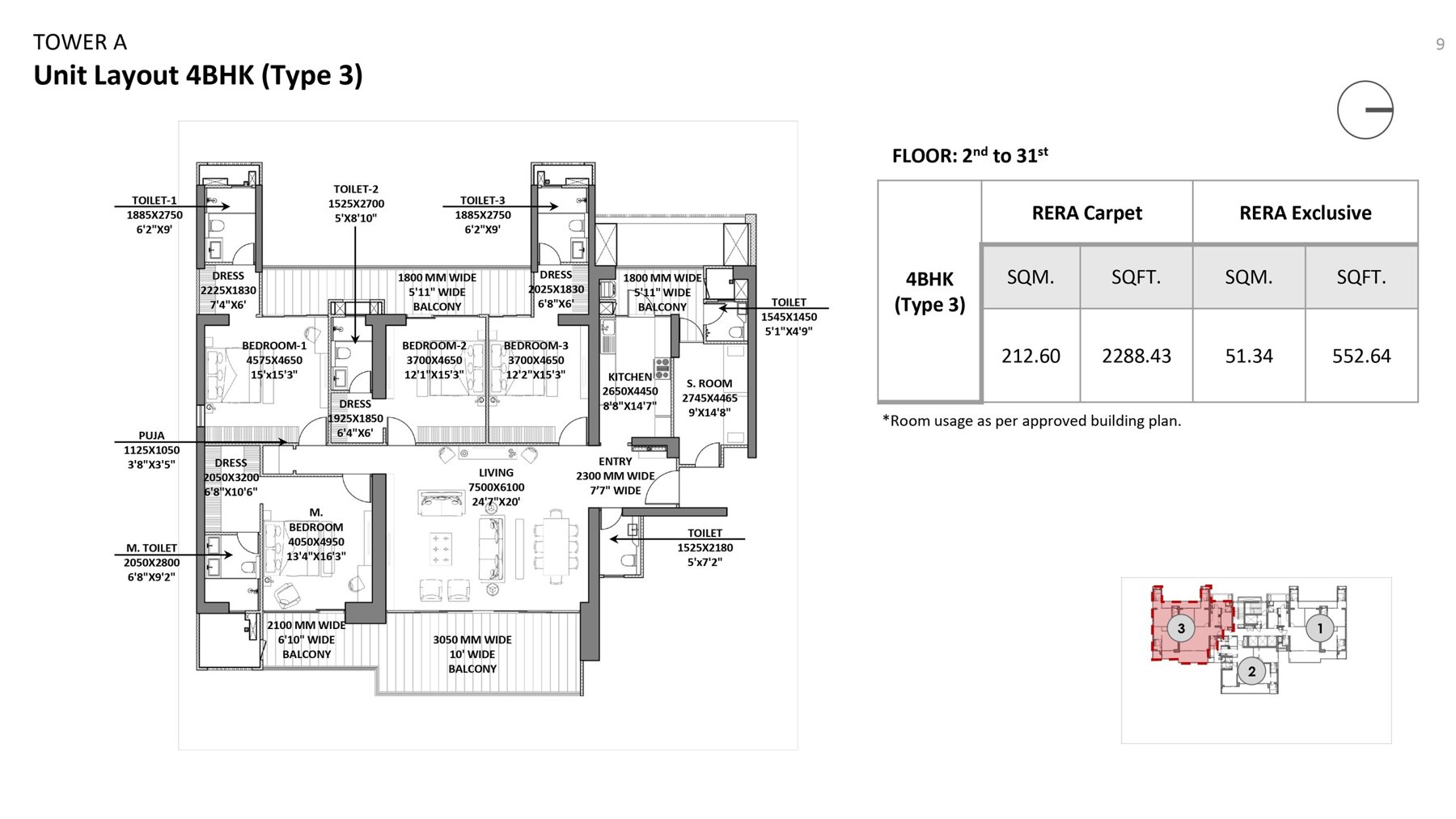Godrej Miraya 4 BHK Type 3 (Tower A) - RERA carpet floor plan