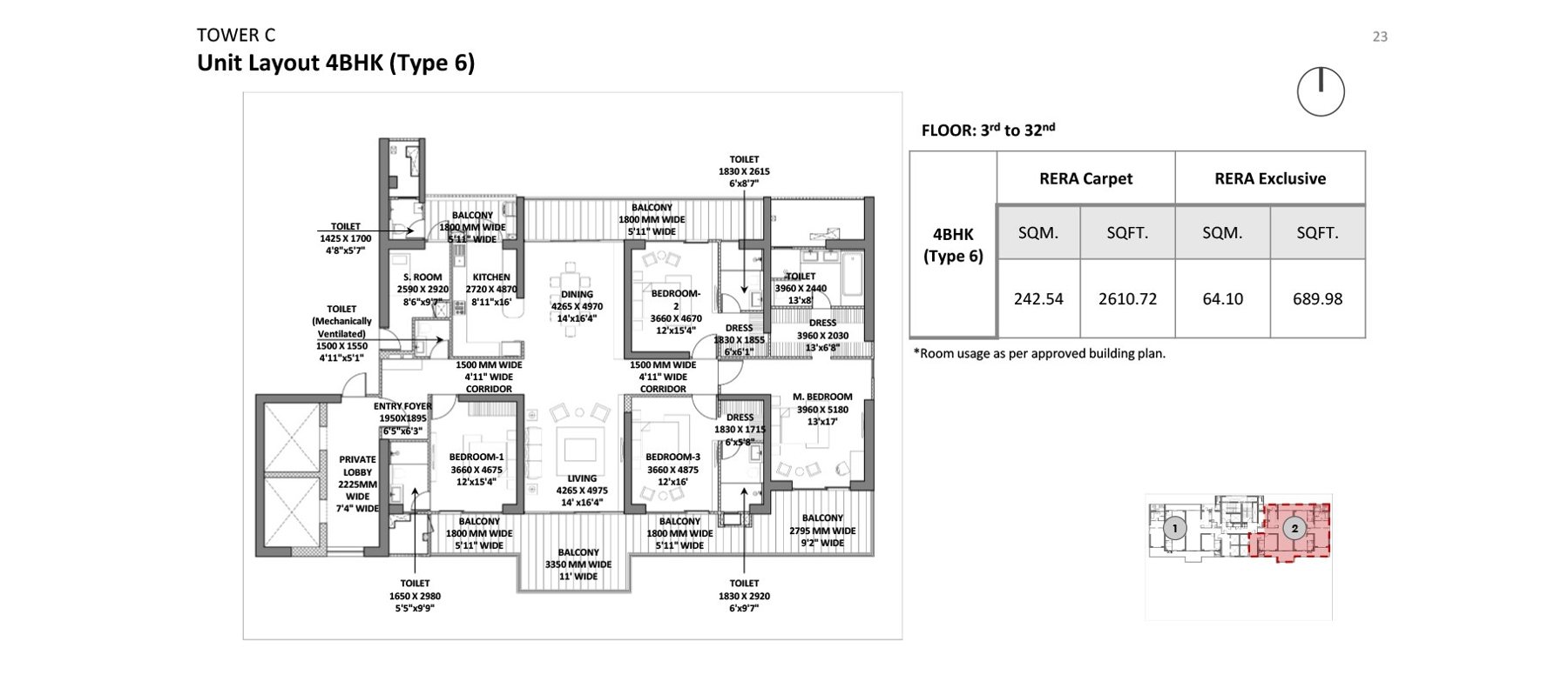 Godrej Miraya 4 BHK Type 6 (Tower C) - RERA carpet floor plan
