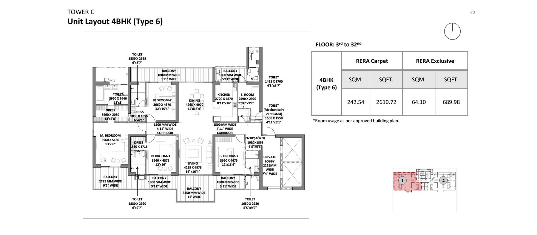 Godrej Miraya 4 BHK Type 6 (Tower C, alternate unit) - RERA carpet floor plan