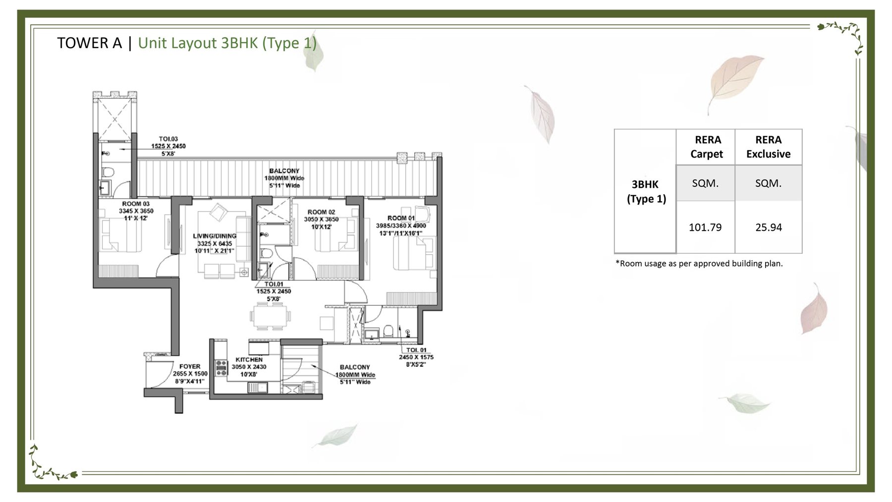 Godrej Vrikshya 3 BHK Type 1 (Tower A) - 101.79 sq.m (~) carpet floor plan