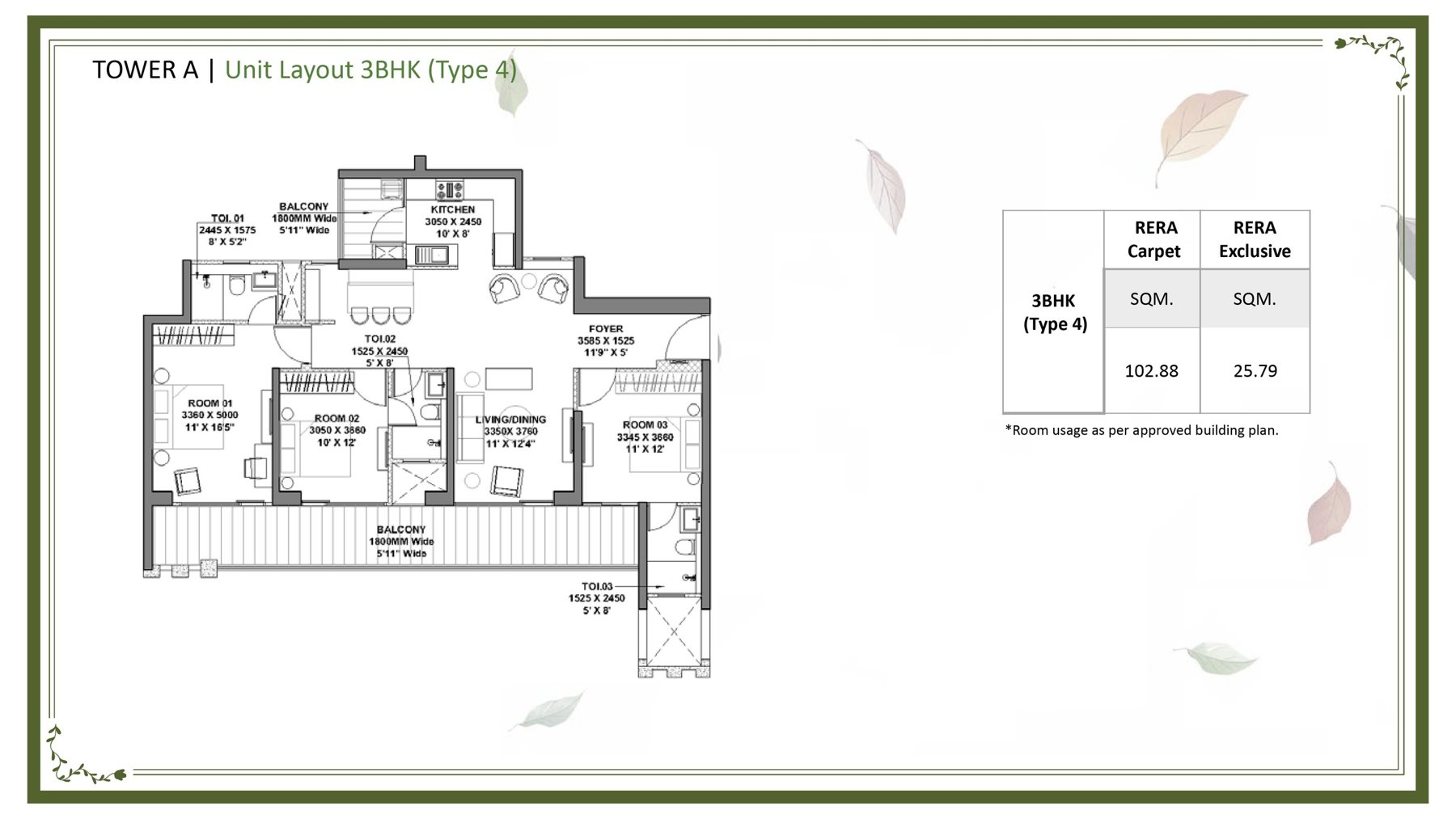 Godrej Vrikshya 3 BHK Type 4 (Tower A) - 102.88 sq.m (~) carpet floor plan