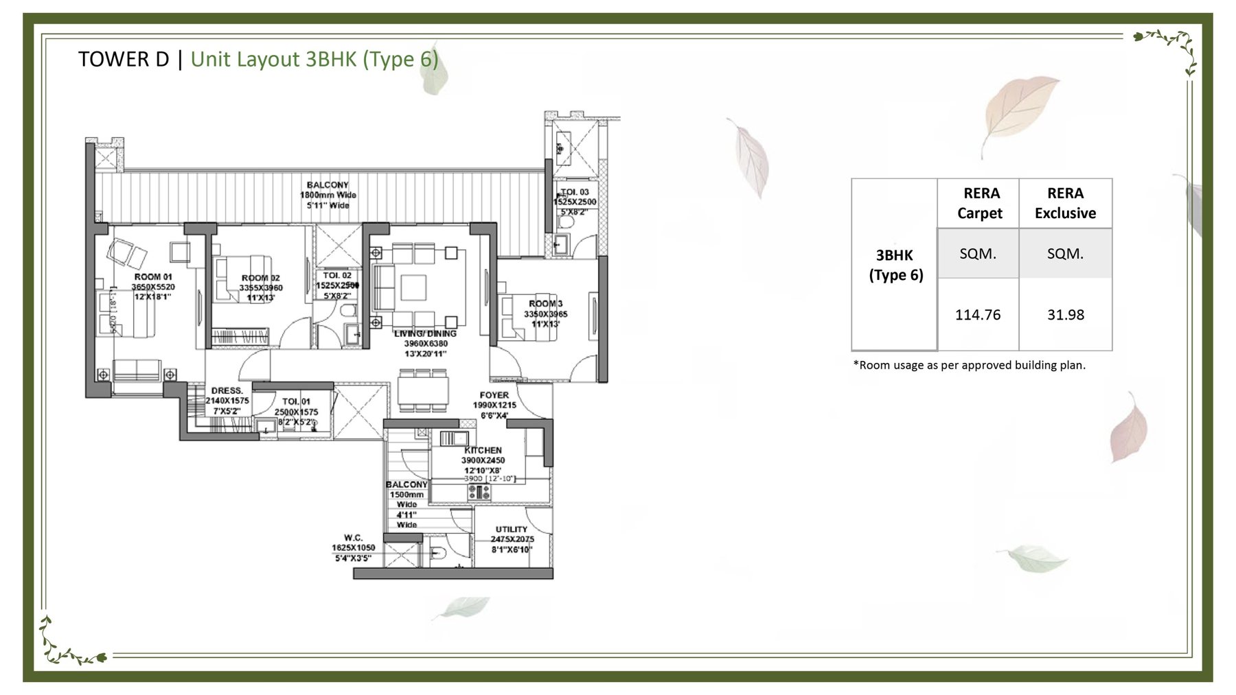 Godrej Vrikshya 3 BHK Type 6 (Tower D) - 114.76 sq.m (~) carpet floor plan