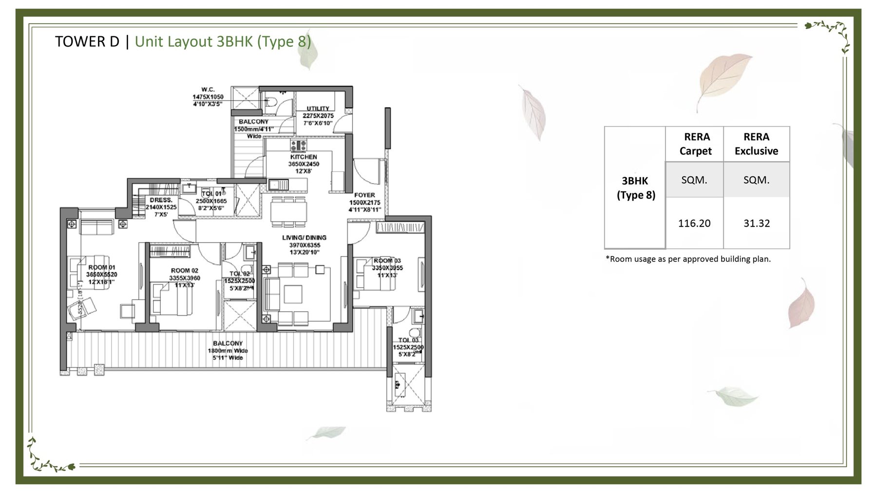 Godrej Vrikshya 3 BHK Type 8 (Tower D) - 116.20 sq.m (~) carpet floor plan