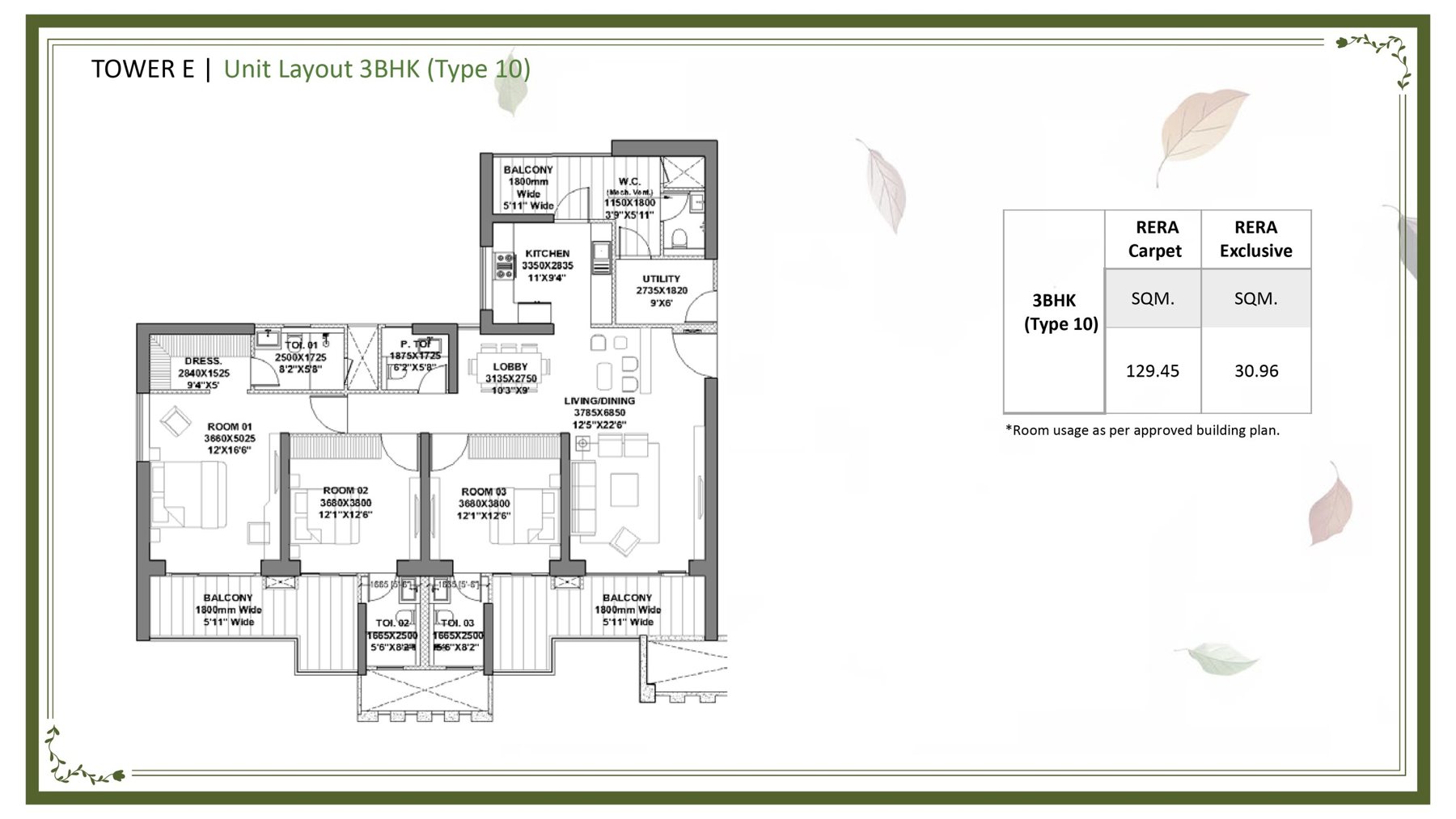 Godrej Vrikshya 3 BHK Type 10 (Tower E) - 129.45 sq.m (~) carpet floor plan