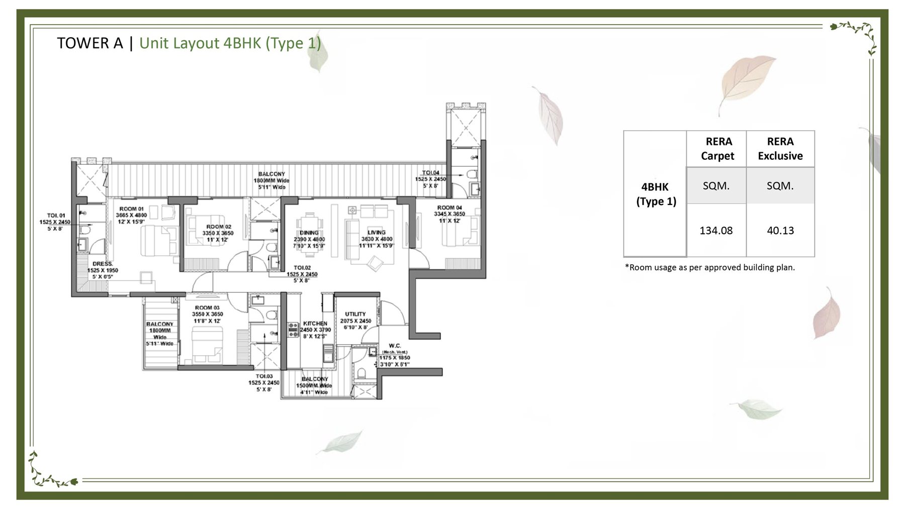 Godrej Vrikshya 4 BHK Type 1 (Tower A) - 134.08 sq.m (~) carpet floor plan