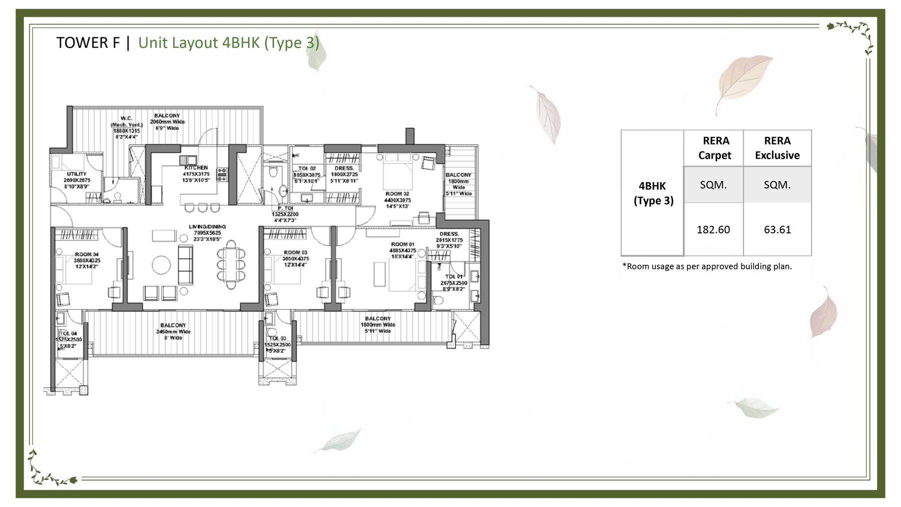 Godrej Vrikshya 4 BHK Type 3 (Tower F) - 182.60 sq.m (~) carpet floor plan
