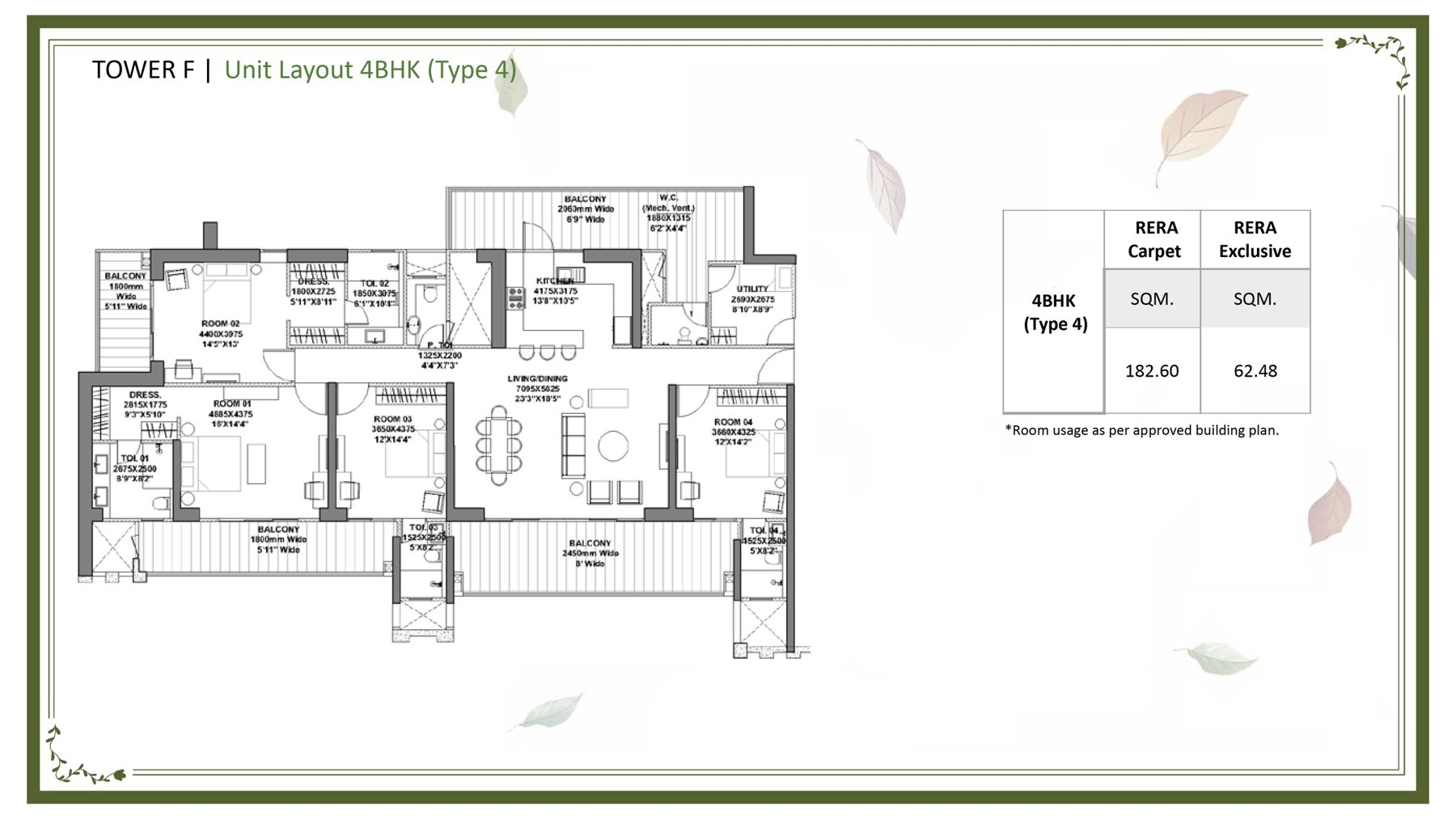 Godrej Vrikshya 4 BHK Type 4 (Tower F) - 182.60 sq.m (~) carpet floor plan