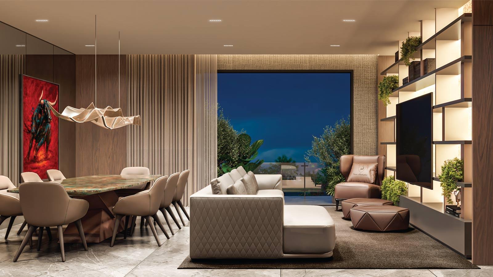 Living room with a dining area and city view