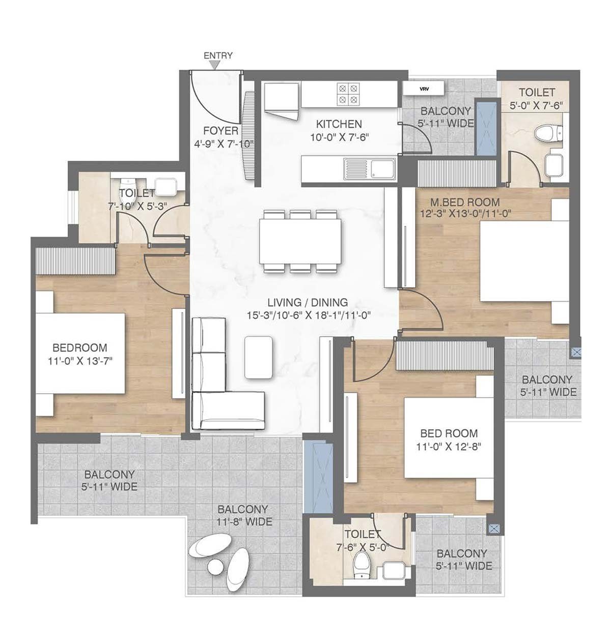 M3M Crown 3 BHK floor plan