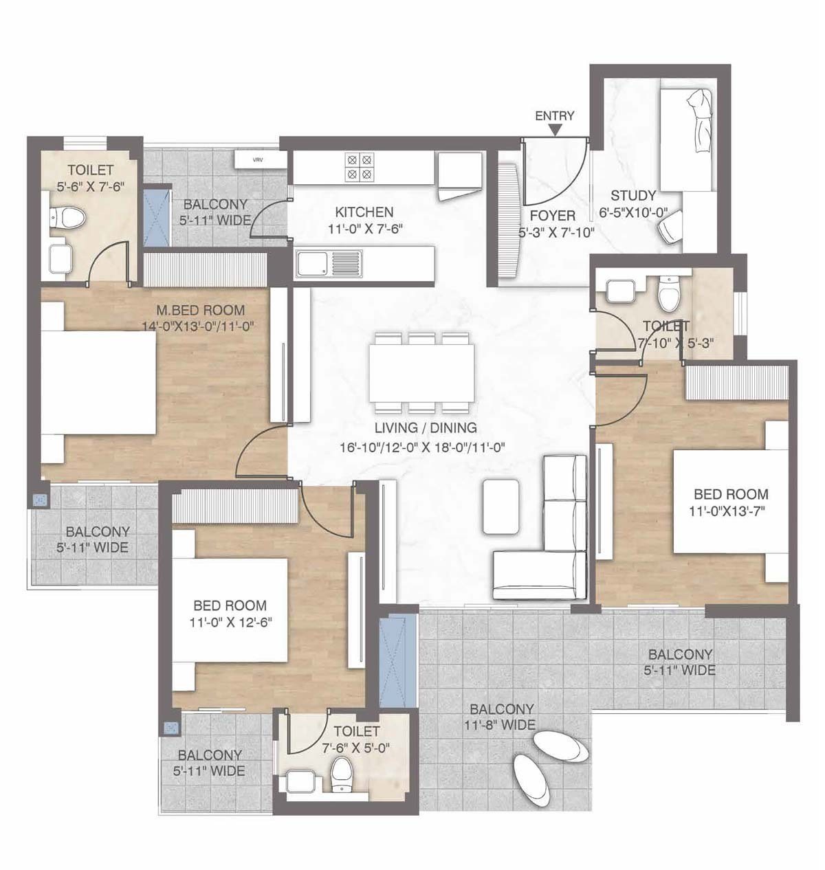 M3M Crown 3 BHK + Study floor plan