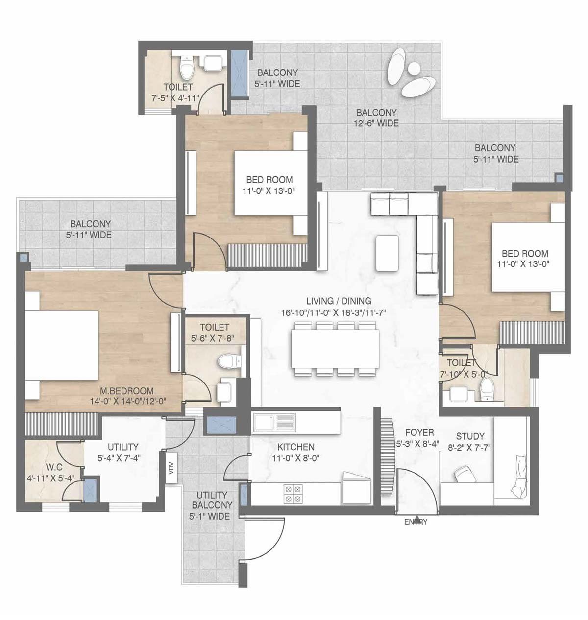M3M Crown 3 BHK + Study + Servant floor plan