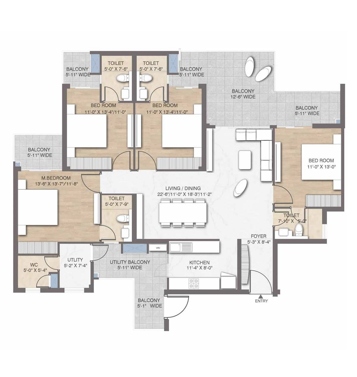 M3M Crown 4 BHK + Servant floor plan