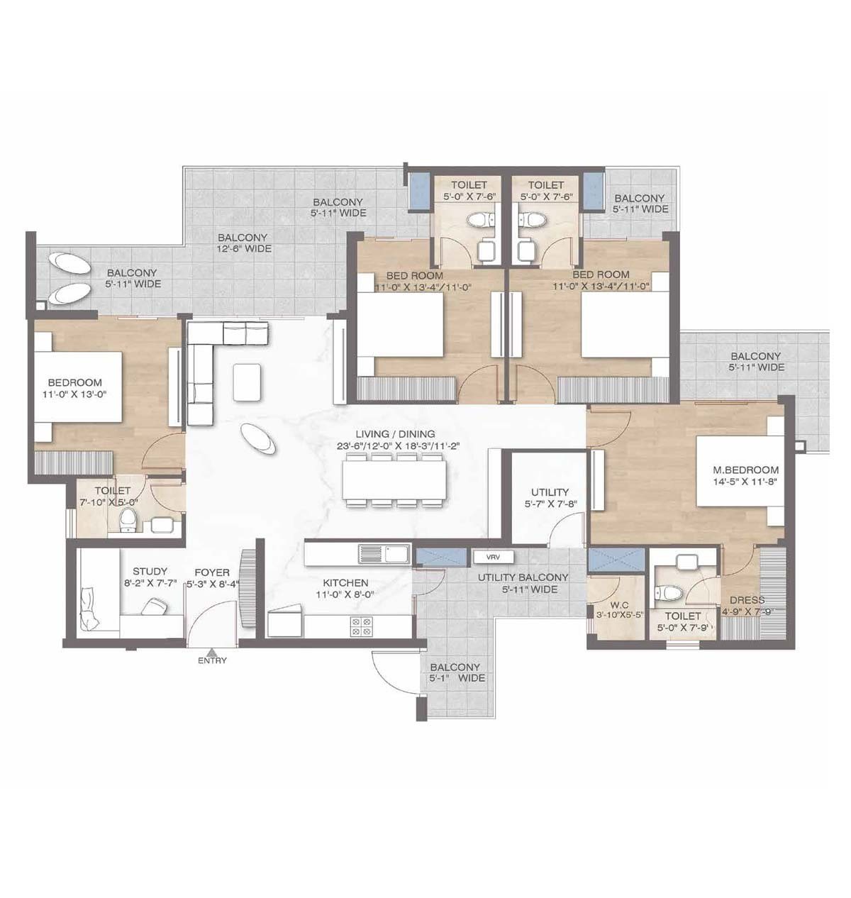 M3M Crown 4 BHK + Study + Servant floor plan