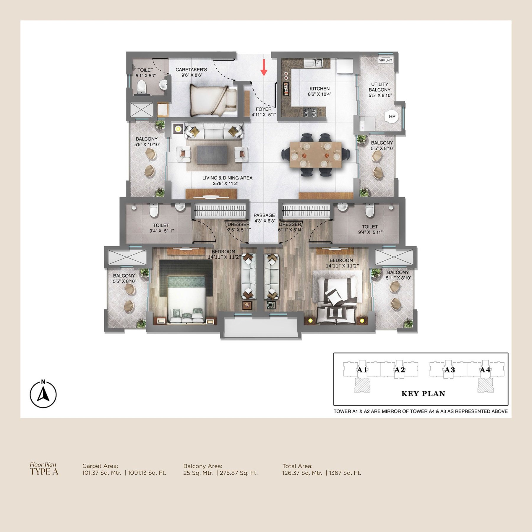 Pioneer Advait Type A · 2 BHK + Caretaker's floor plan