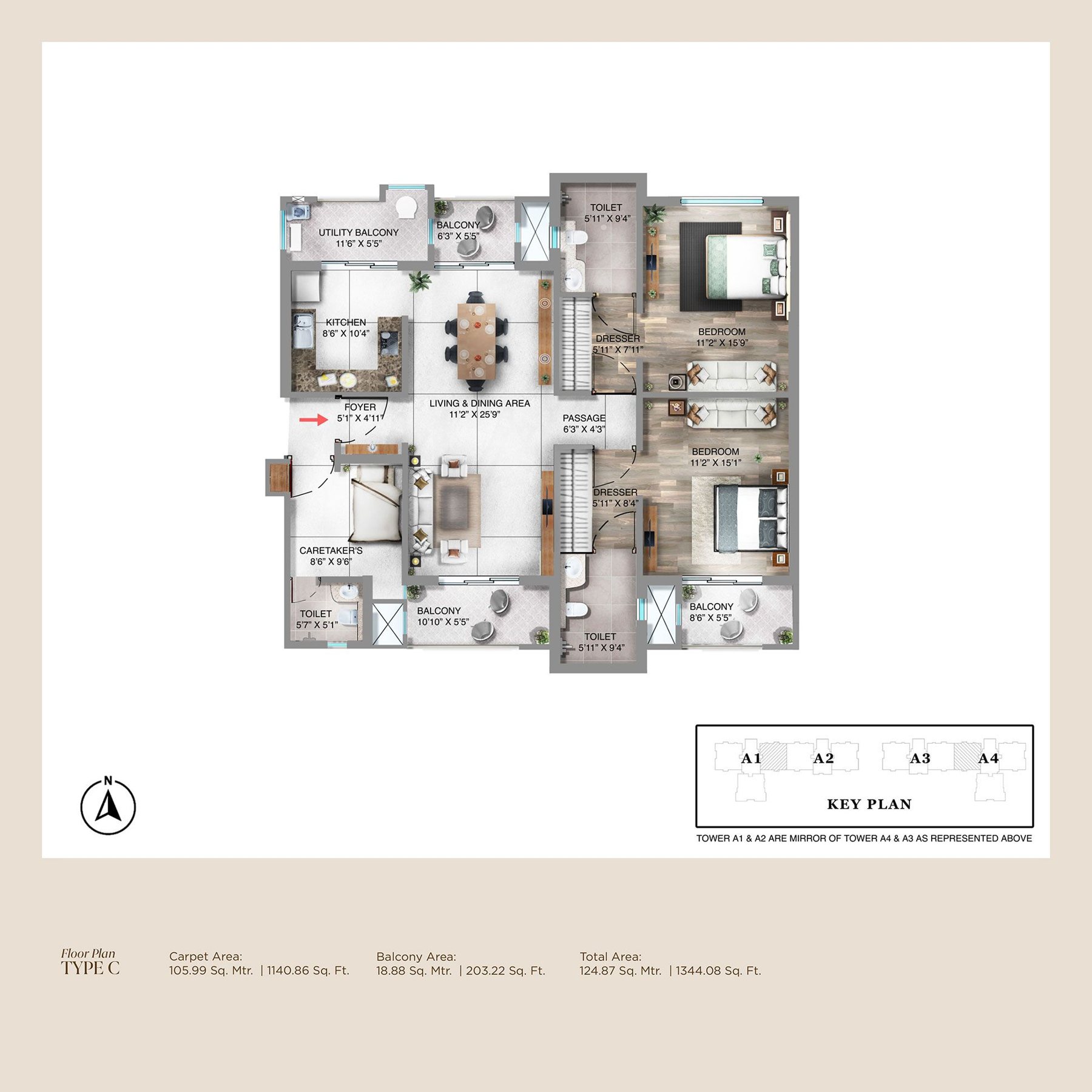 Pioneer Advait Type C · 2 BHK + Caretaker's floor plan