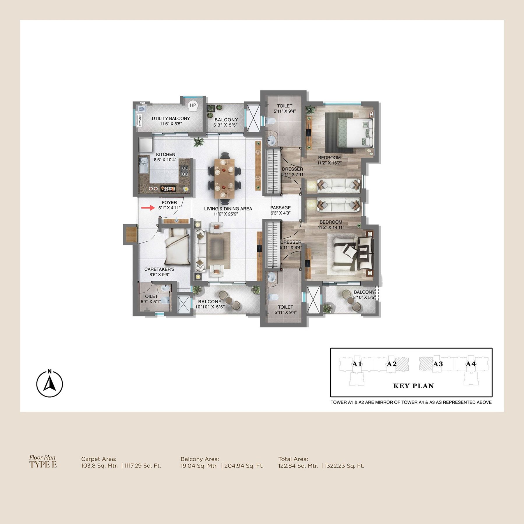 Pioneer Advait Type E · 2 BHK + Caretaker's floor plan