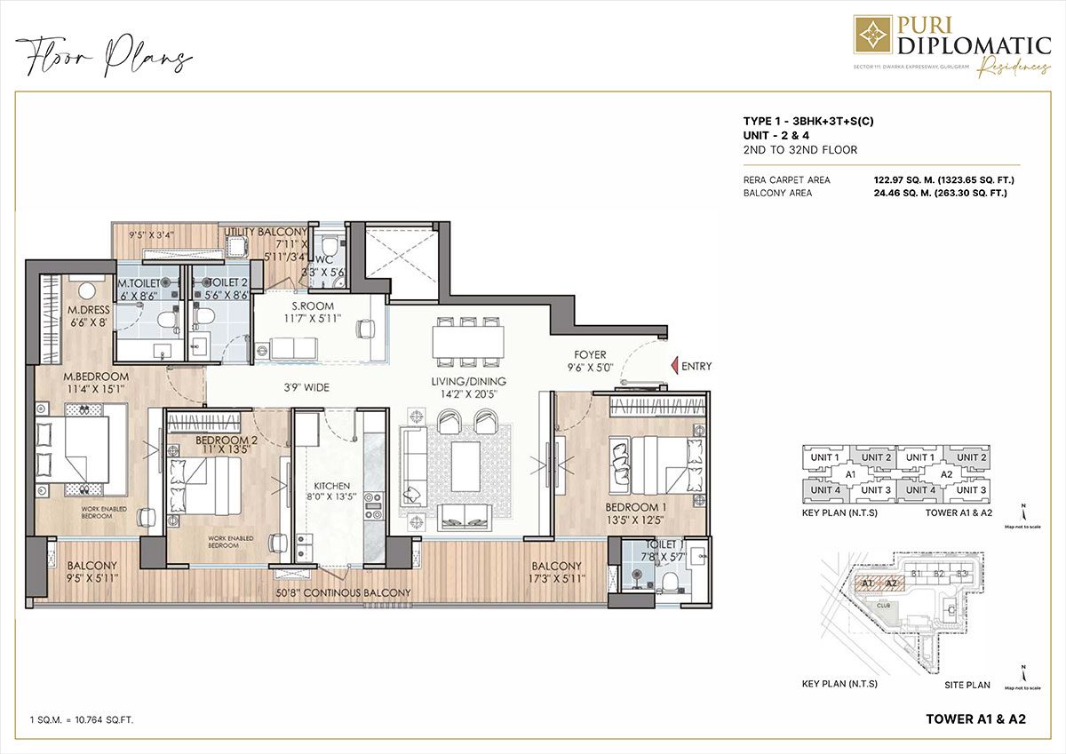 Puri Diplomatic Residences 3.5 BHK - Type A floor plan